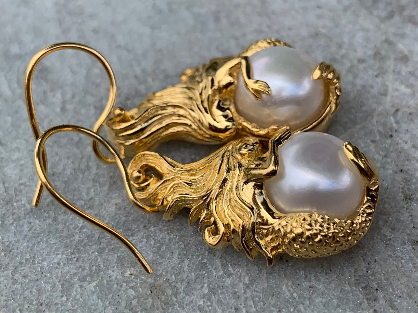 18k gold vermeil white mabe pearl mermaid earrings.