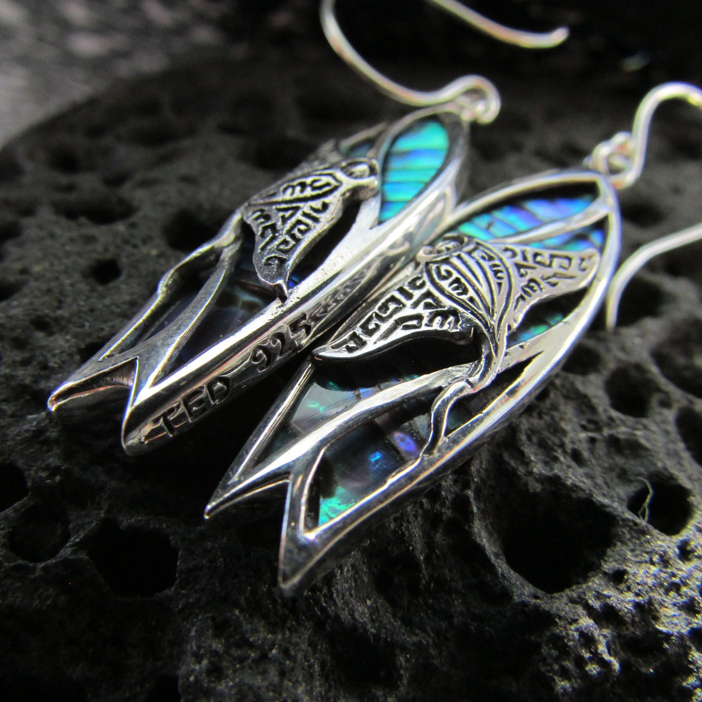 Surfboard Manta Ray Earrings. Abalone Paua Shell. Sterling Silver.