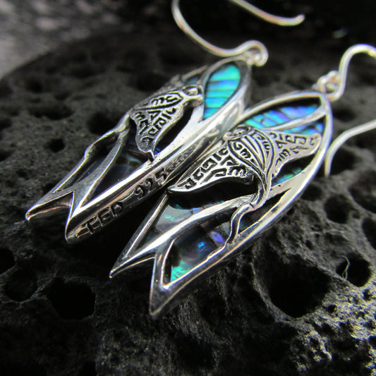 Surfboard Manta Ray Earrings. Abalone Paua Shell. Sterling Silver.