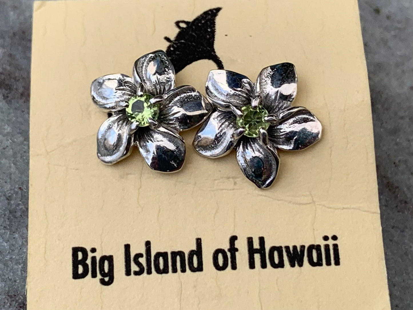 Plumeria Flower Earrings Studs. Sterling Silver. Peridot.
