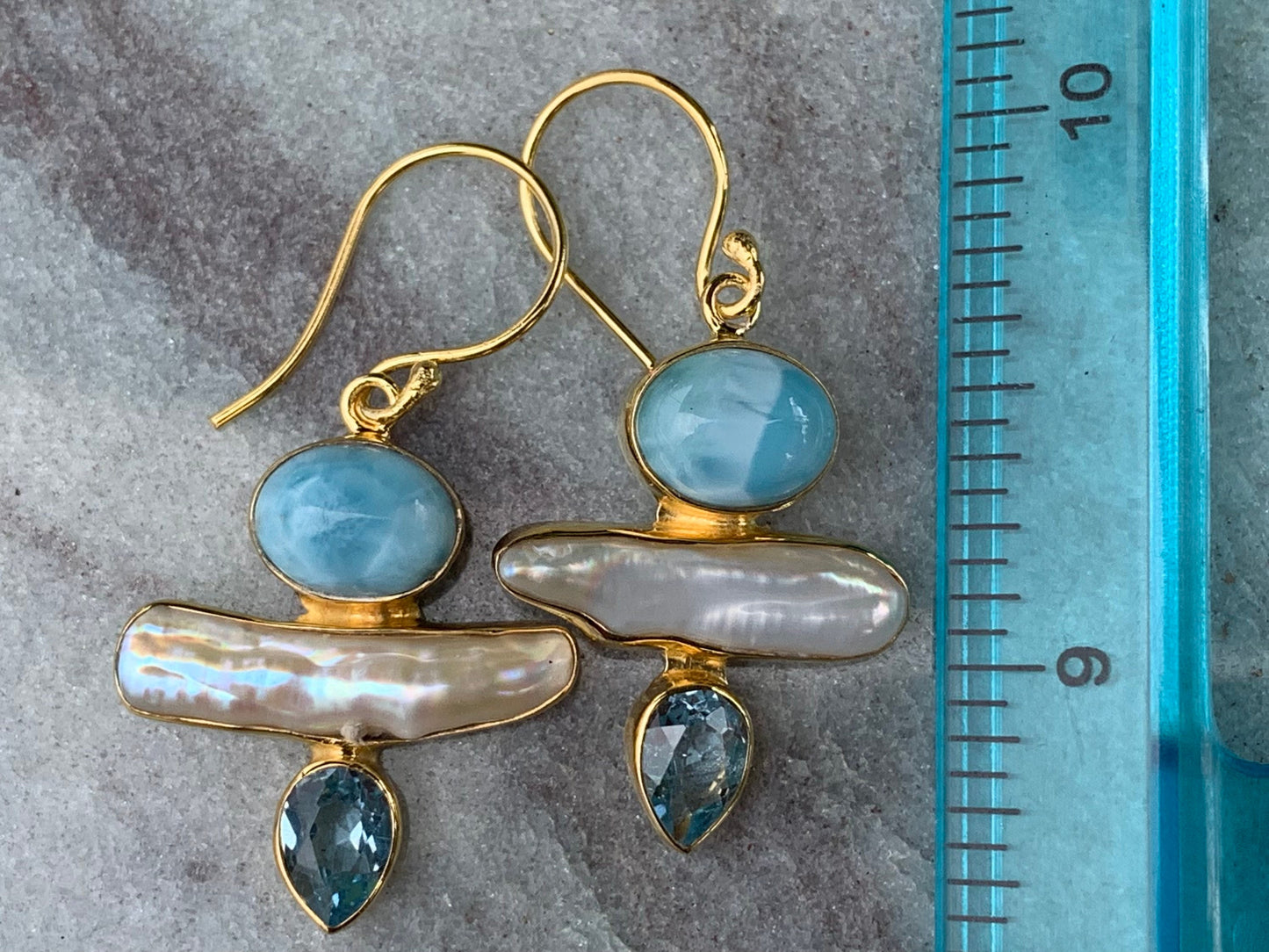 Larimar, Pearl, Blue Topaz 18k Gold Vermeil Earrings.