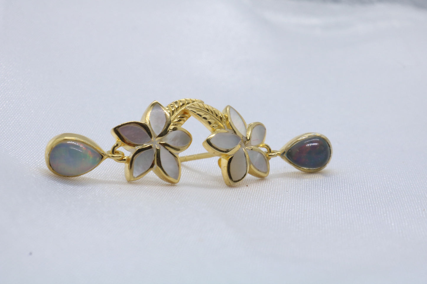 Opal Plumeria Flower 18K Gold Mother of Pearl Stud Earrings