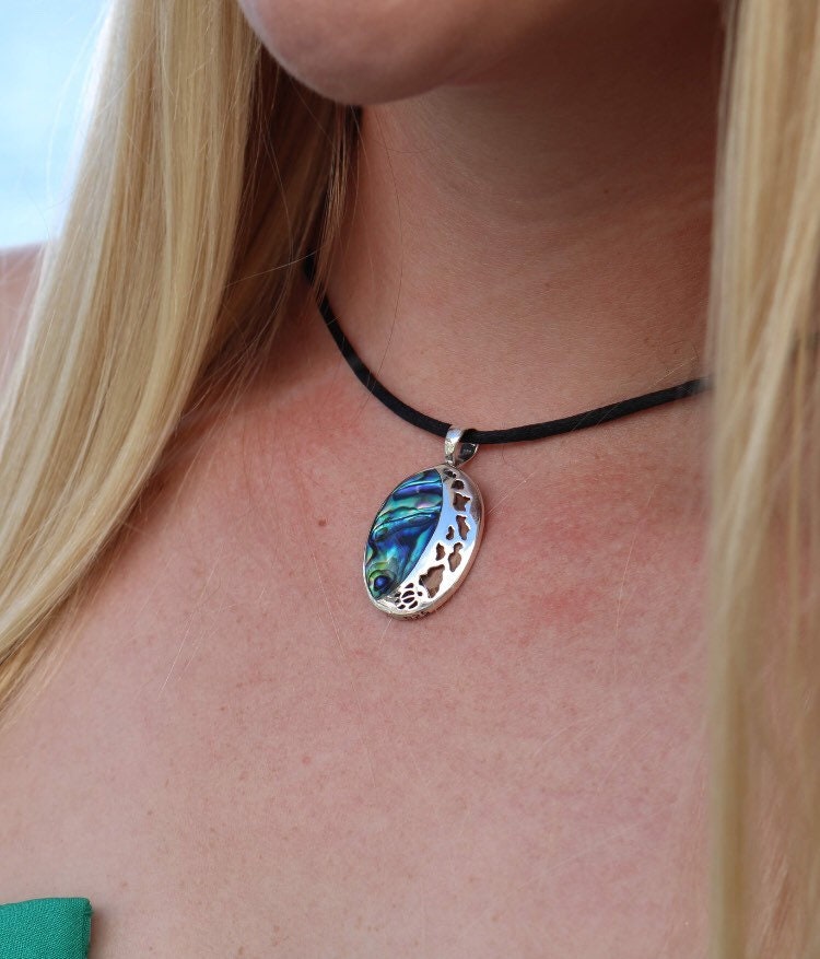 Hawaii Island Chain Turtle Necklace Pendant Small | Paua Abalone Shell | Sterling Silver | Ocean | Beach | Gift | Jewelry | Handmade Unique