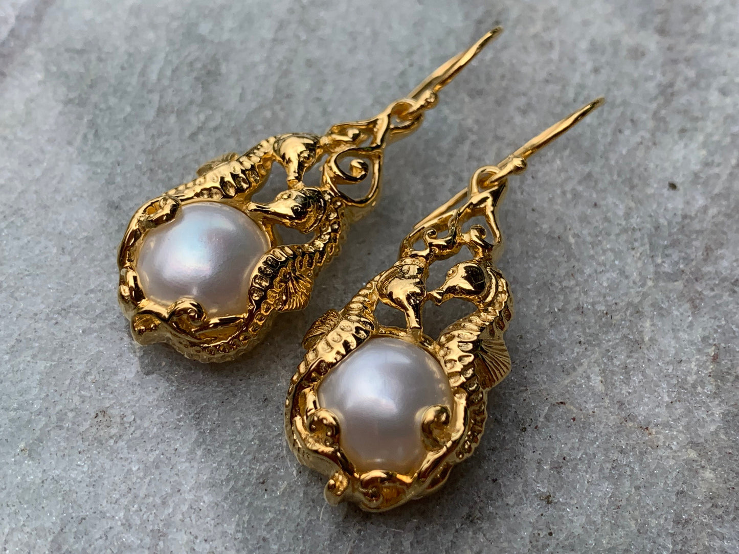 18k gold vermeil white mabe pearl seahorse earrings.