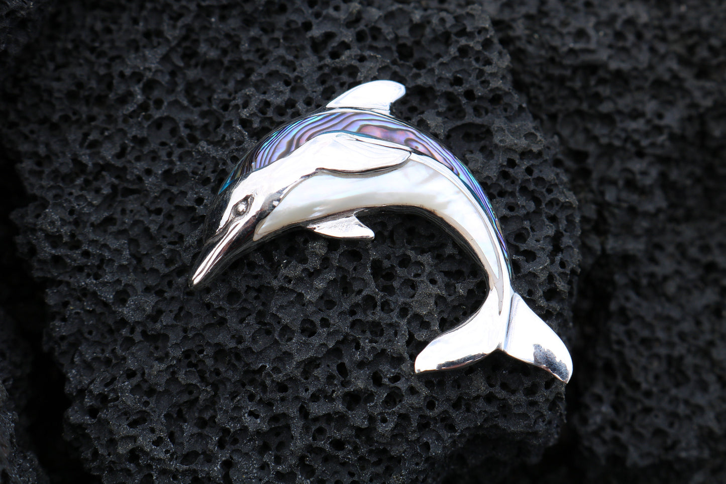 Aumakua Dolphin Necklace Pendant. Abalone Paua Shell, Mother of Pearl, Sterling Silver.