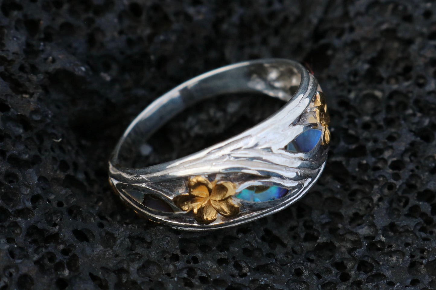 18K Gold Vermeil Plumeria Ring. Sterling Silver, Abalone Shell.