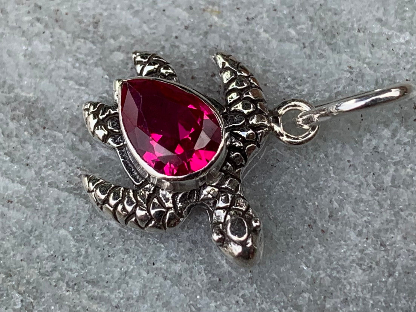 Ruby turtle charm pendant necklace. Sterling silver.