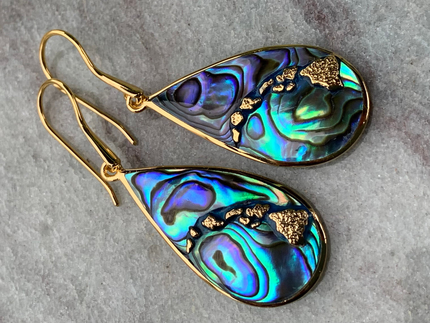 Hawaiian Islands Chain Earrings. Kauai, Oahu, Maui, Big Island of Hawaii. Silver, 18k Gold, Abalone Paua Shell.