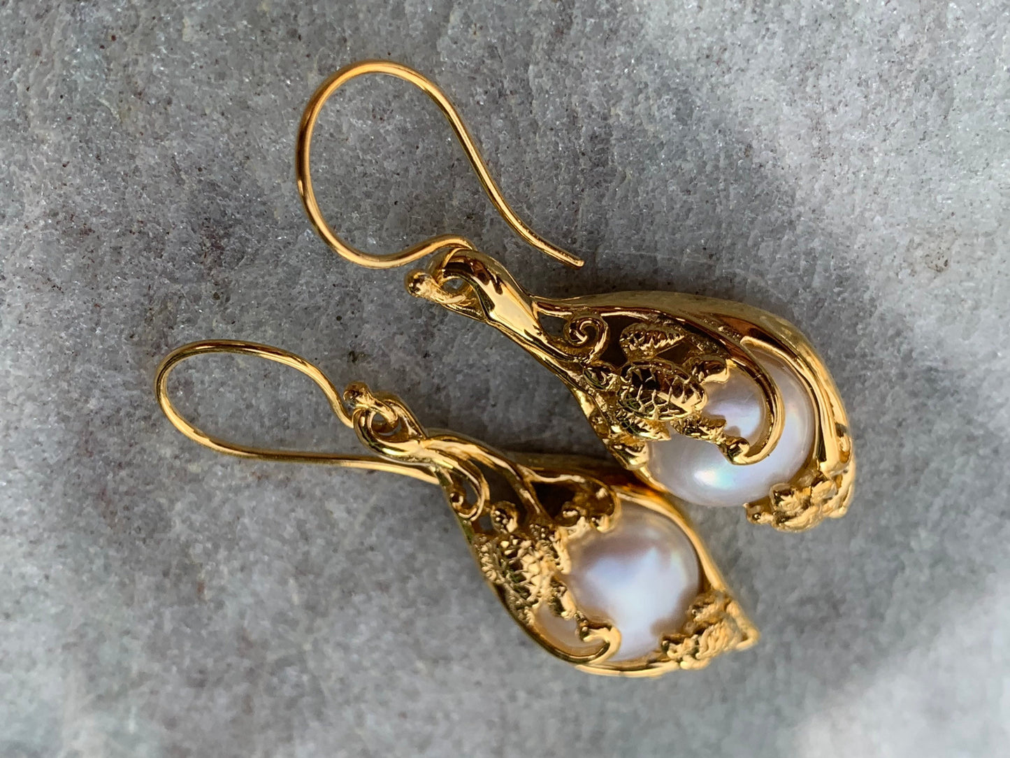 18k gold vermeil white mabe pearl turtle earrings. Hawaiian Honu.