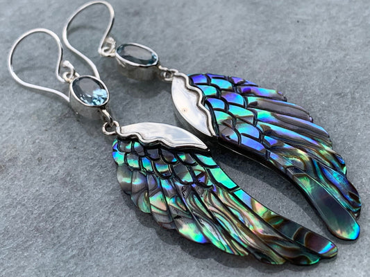 Angel Wings Earrings | Paua Abalone Shell | Sterling Silver | Blue Topaz | Gift | Jewelry | Handmade | Unique