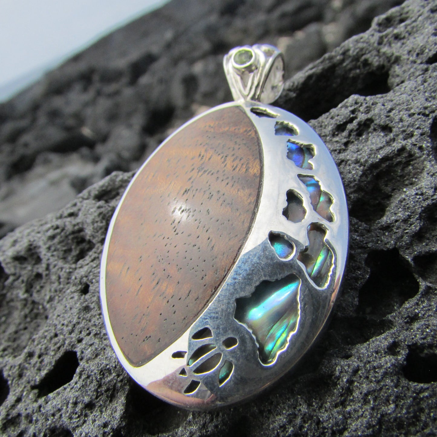 Hawaii Island Chain Turtle Pendant Necklace Large | Koa Wood | Paua Abalone Shell | Peridot | Sterling Silver | Beach | Jewelry | Handmade
