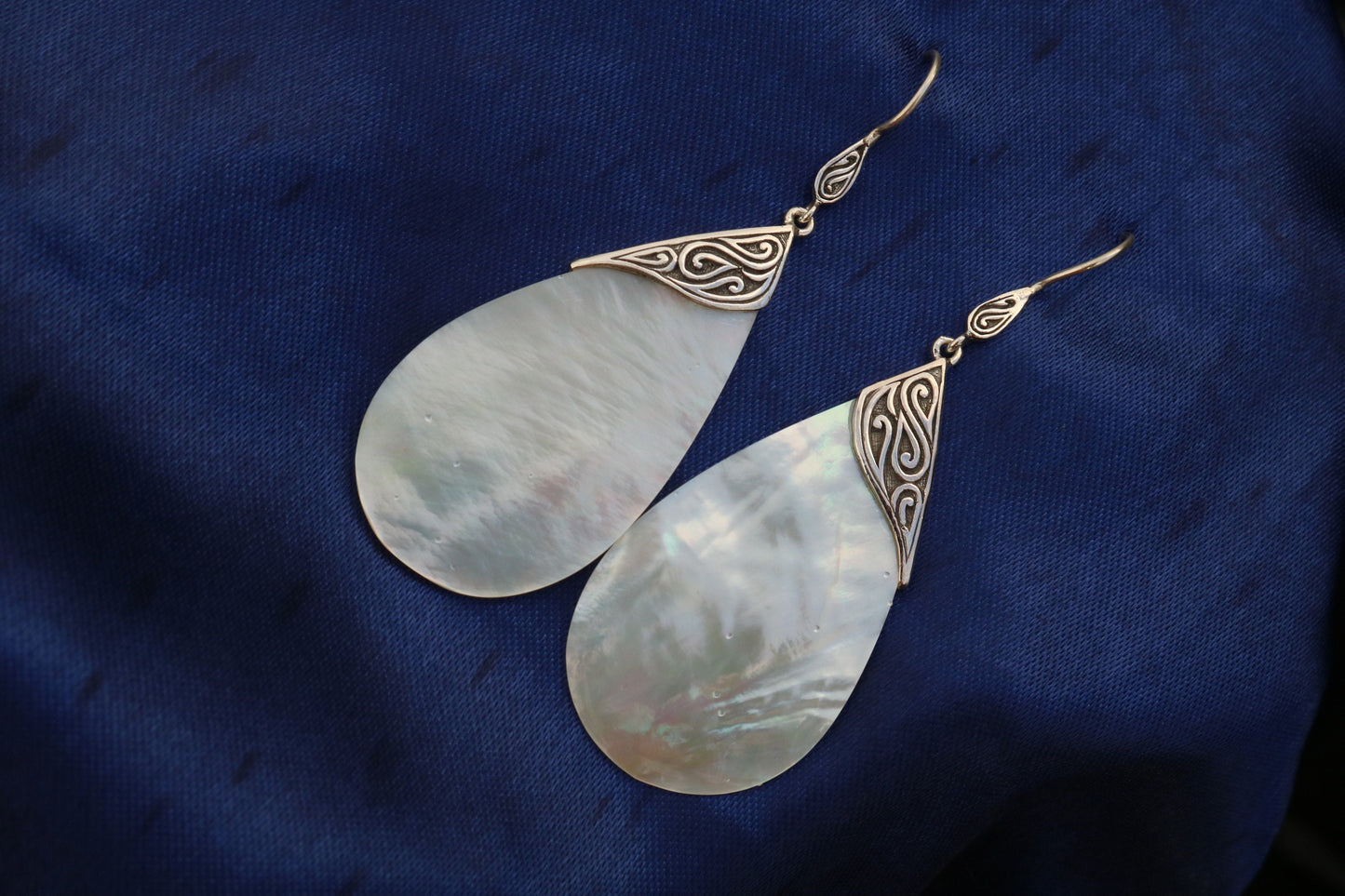 Mother of Pearl Teardrop Earrings Tribal Design. Sterling Silver.