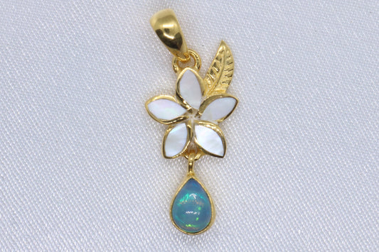 Opal Plumeria Flower 18k Gold Vermeil Mother of Pearl Charm Necklace Pendant