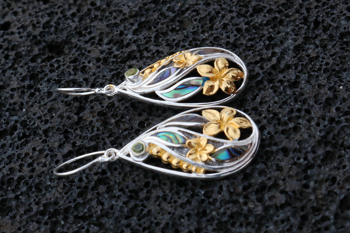 18K Gold Vermeil Plumeria Flowers Teardrop Earrings. Abalone Shell, Sterling Silver, Peridot.