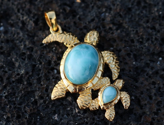 18K Gold Vermeil Larimar Turtle and Baby Necklace Pendant Jewelry.