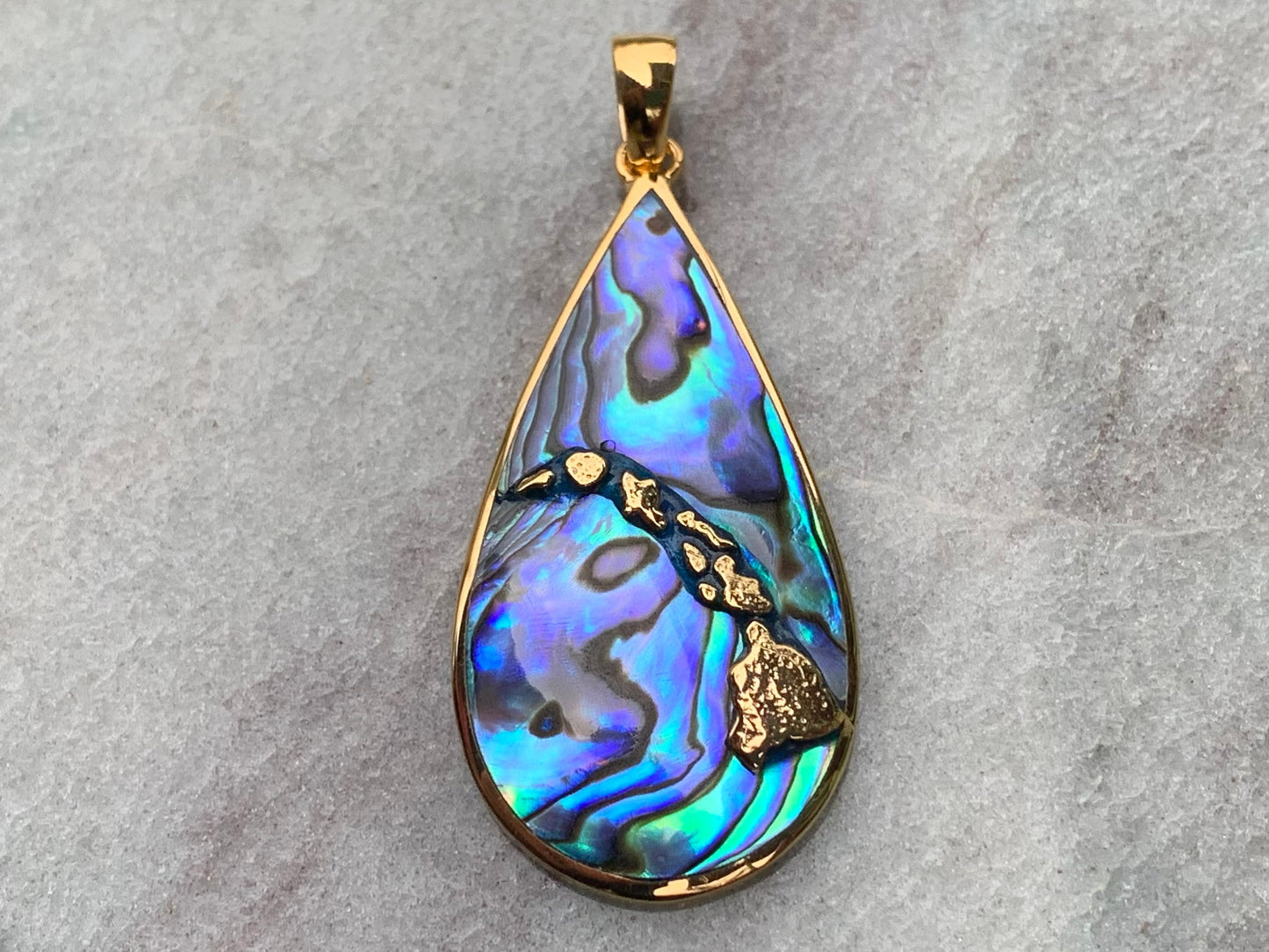 Hawaiian Islands Chain Necklace Pendant. Kauai, Oahu, Maui, Big Island of Hawaii. Silver, 18k Gold, Abalone Paua Shell.