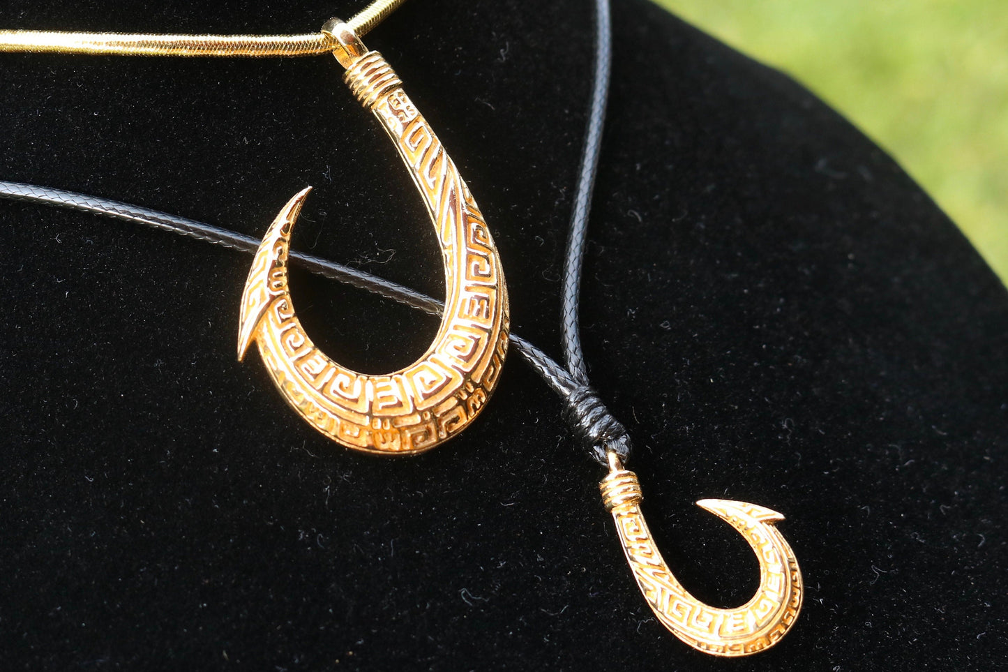 Polynesian Tribal Maui 18K Gold Vermeil Fishing Hook Necklace Pendant.