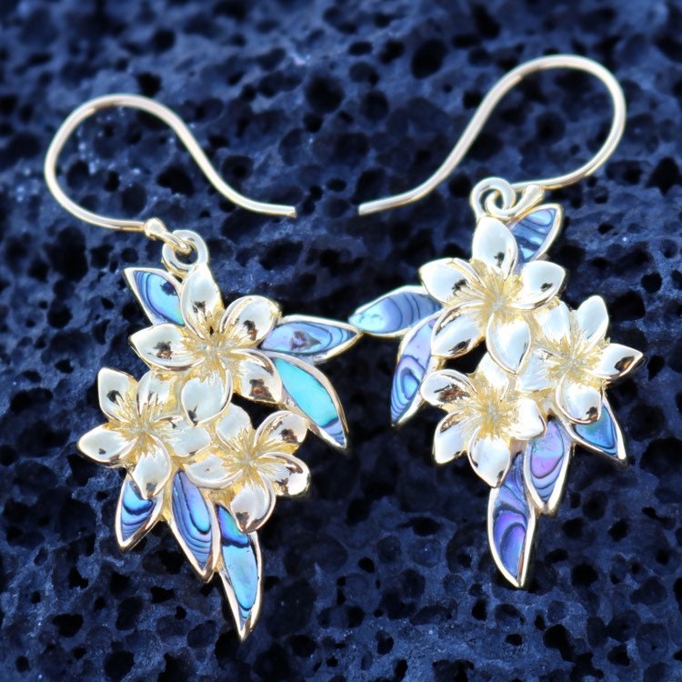 Plumeria Flowers Earrings. 18k Gold Vermeil. Abalone Paua Shell.