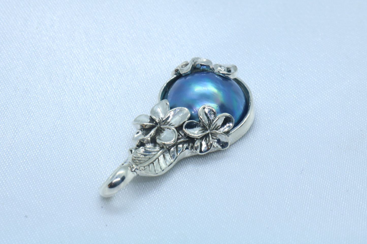 Plumeria Flower Blue Mabe Pearl Silver Pendant Necklace