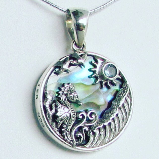 Seahorse Wave Necklace Pendant | Blue Topaz | Paua Abalone Shell | Sterling Silver | From Hawaii | Unique | Handmade