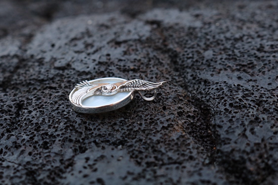 Moon Owl Hawaiian Pueo Aumakua Necklace Pendant. Hawaiian Koa Wood, Mother of Pearl, Sterling Silver.