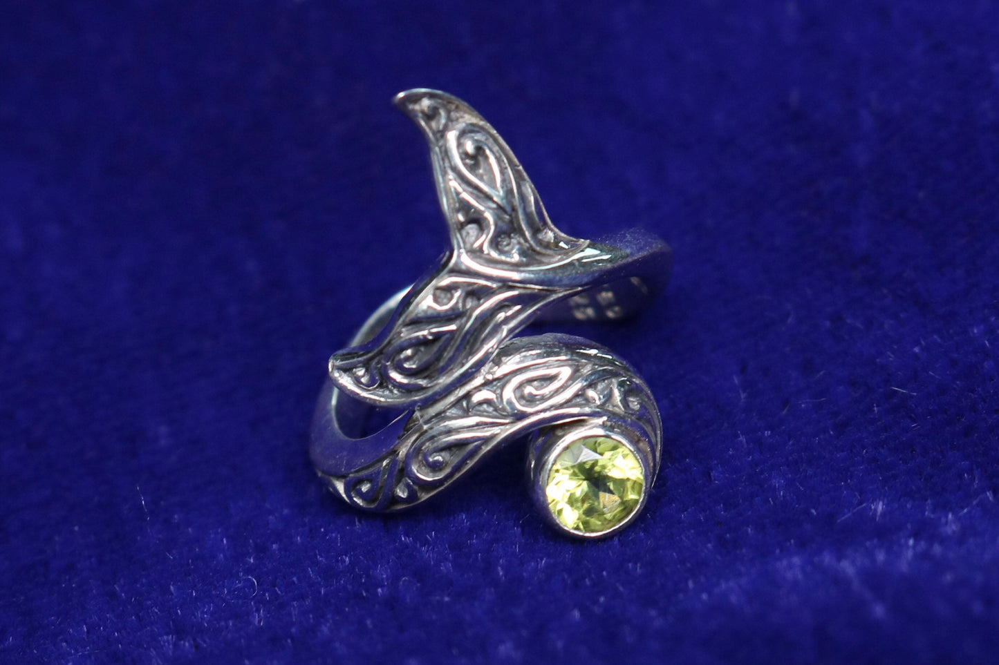 Whale Tail Ring Tribal Polynesian Tattoo Design. Peridot. Sterling Silver.