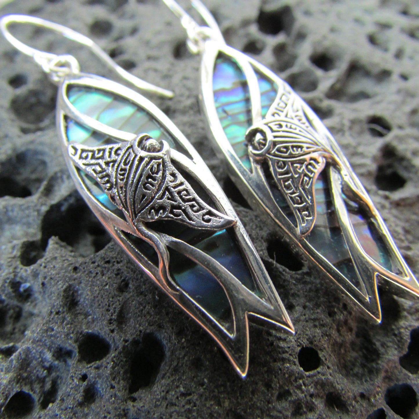 Surfboard Manta Ray Earrings. Abalone Paua Shell. Sterling Silver.