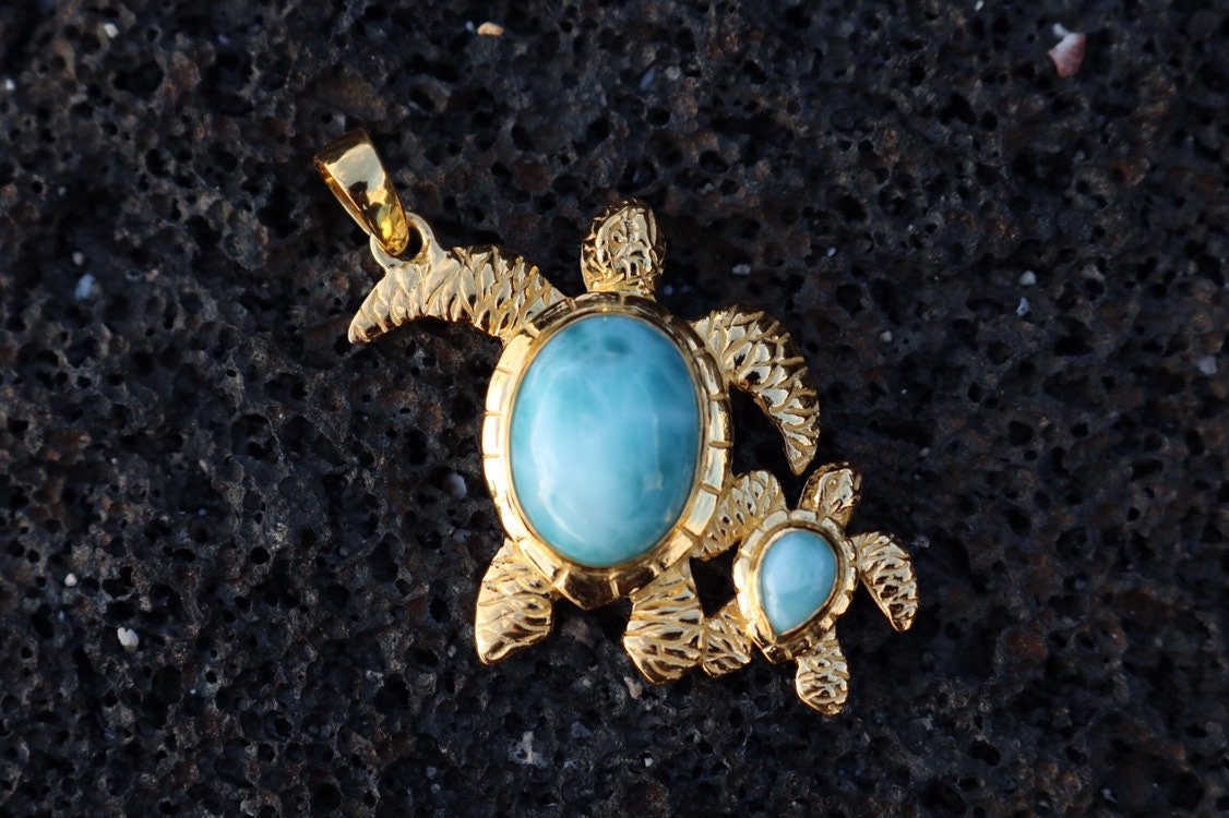 18K Gold Vermeil Larimar Turtle and Baby Necklace Pendant Jewelry.
