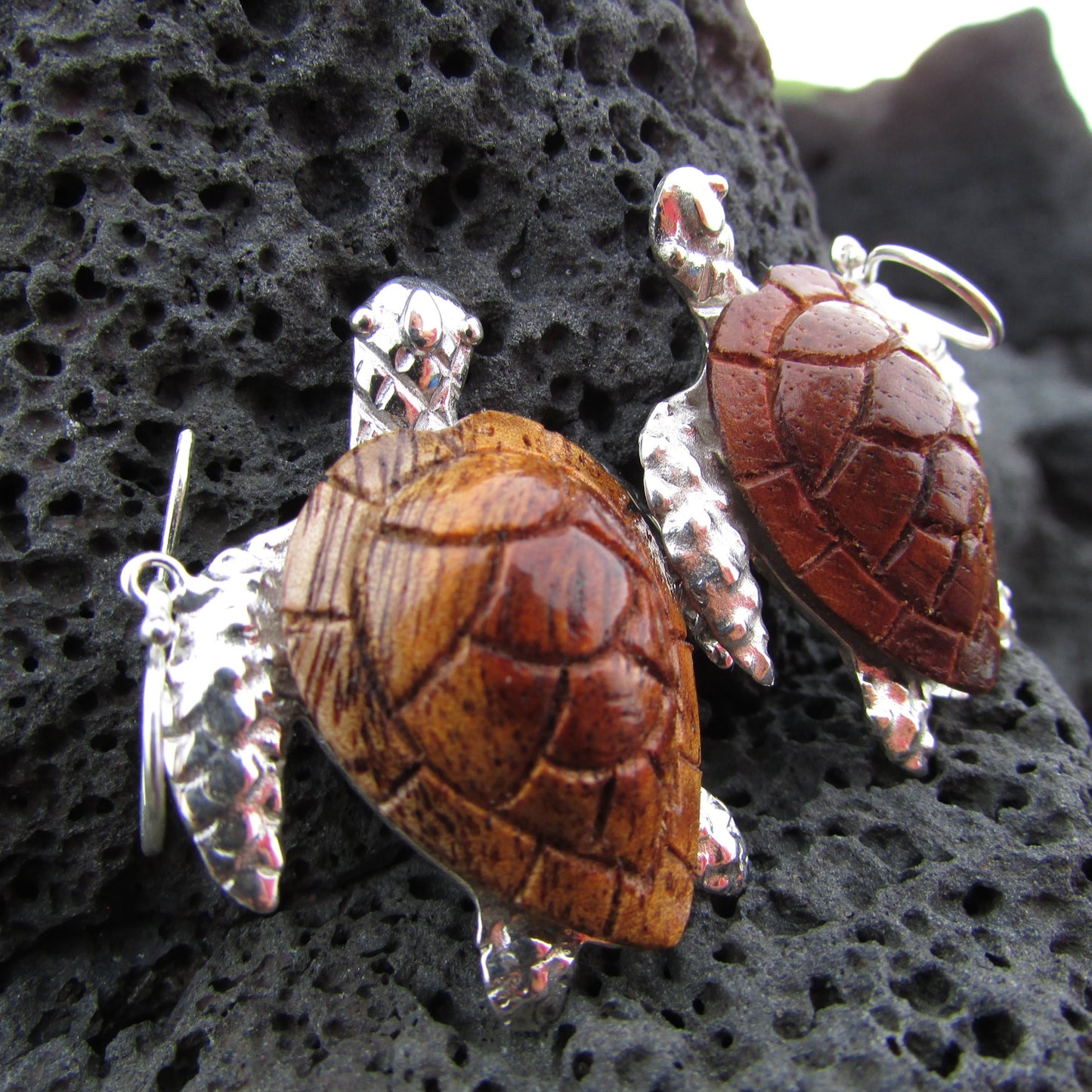 Sea Turtle Earrings Large | Koa Wood | Sterling Silver | Ocean | Beach | Gift | Jewelry | Handmade | Unique