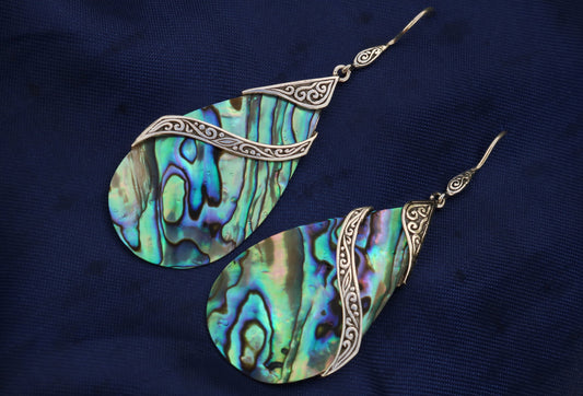 Abalone Shell Teardrop Earrings Double Tribal Design. Sterling Silver.