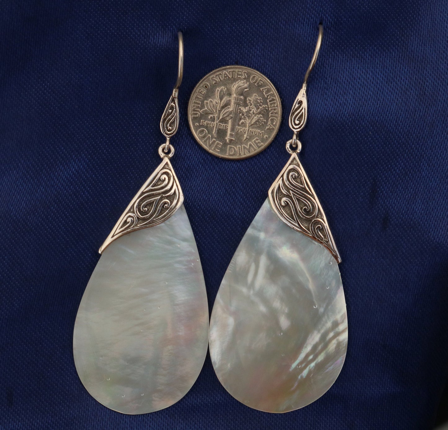 Mother of Pearl Teardrop Earrings Tribal Design. Sterling Silver.