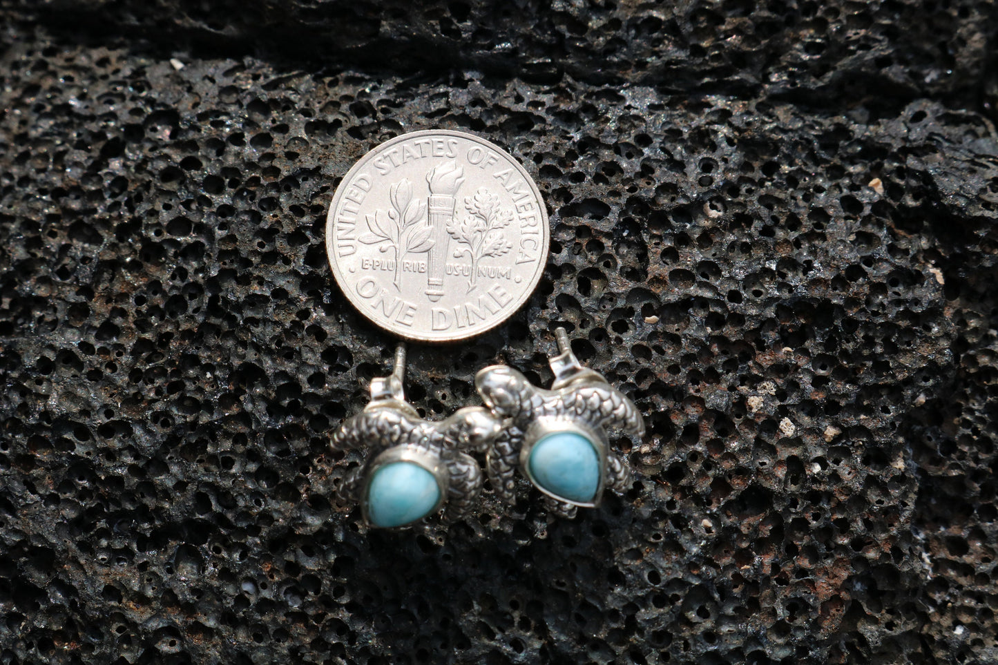 Larimar Turtle Earrings Studs. Sterling Silver.