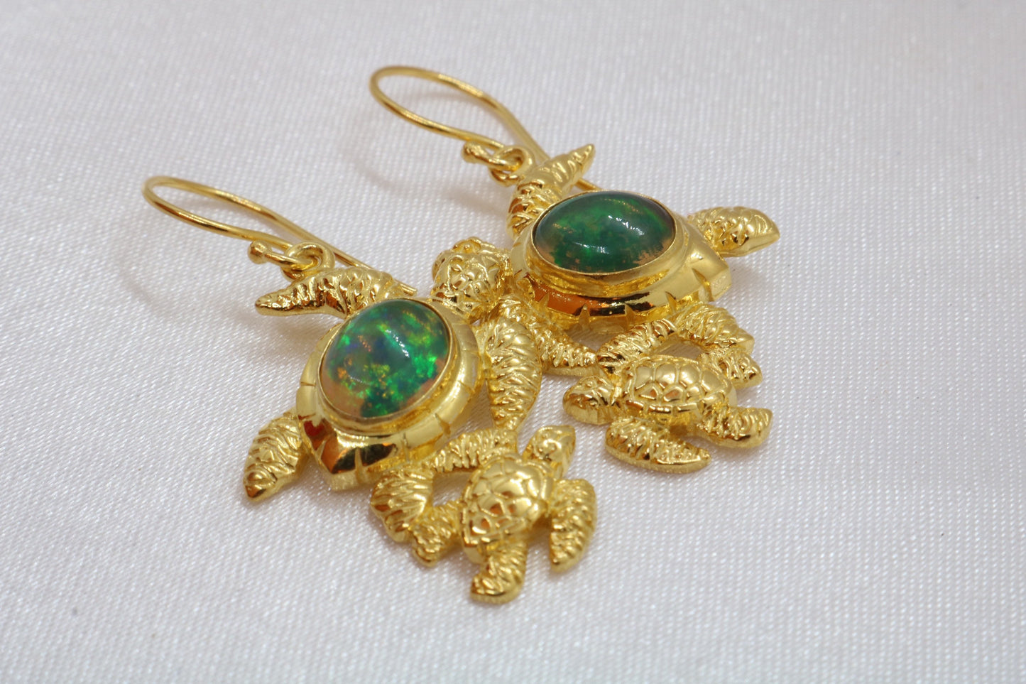 Opal Turtle Hawaiian Honu Mom and Baby 18k Gold Vermeil Earrings