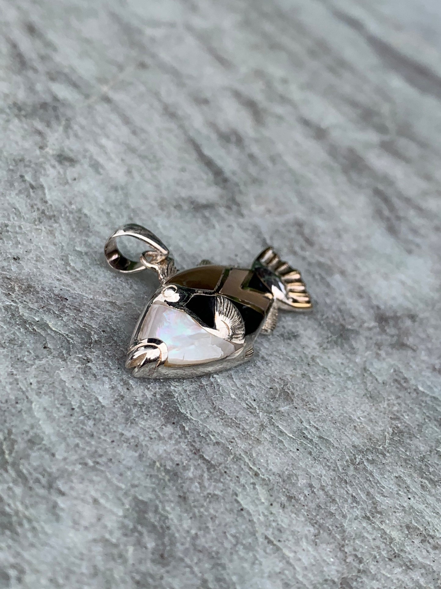 Humuhumunukunukuapua’a (Trigger Fish) Hawaiian State Fish Necklace Pendant. Silver, Mother of Pearl, Black Lip Oyster Shell.