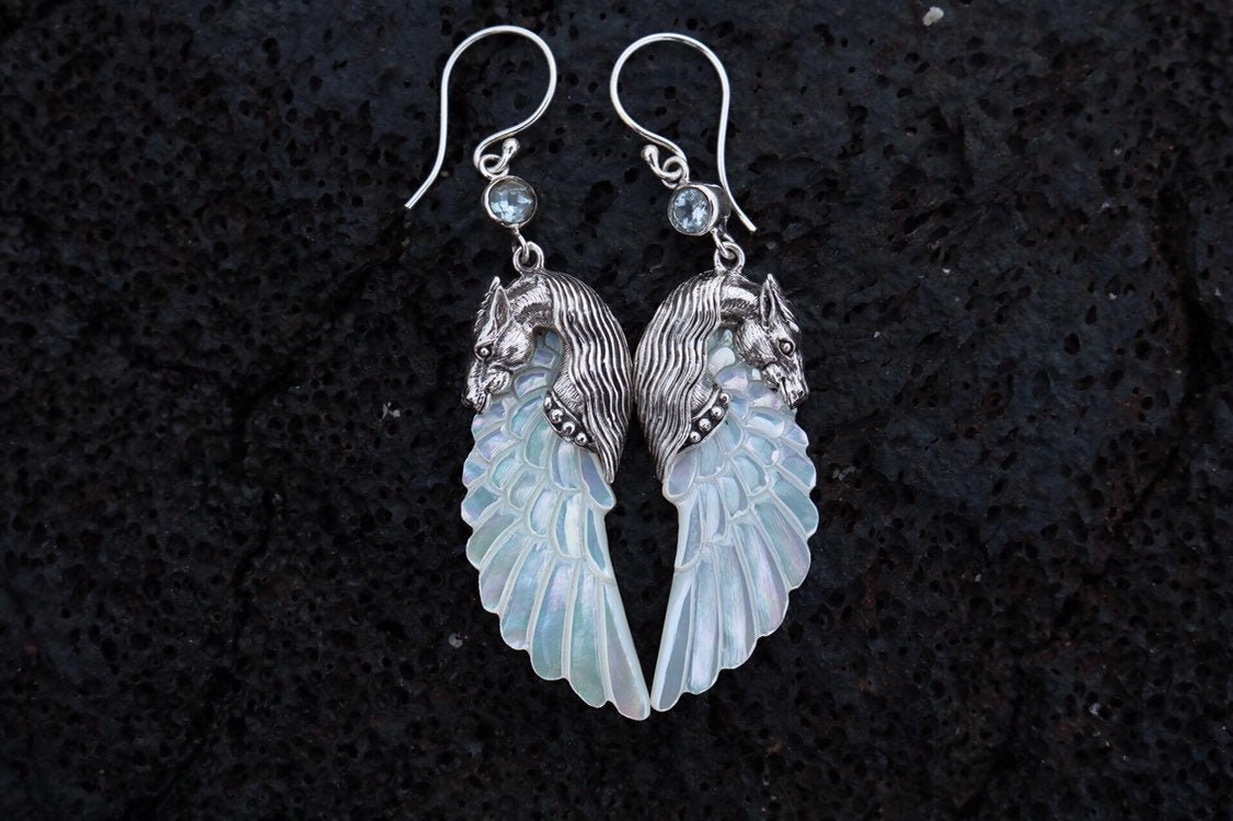 Pegasus Horse Wings Cowgirl Jewelry Earrings. Sterling Silver, Blue Topaz, Mother of Pearl.