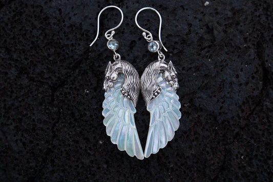 Pegasus Horse Wings Cowgirl Jewelry Earrings. Sterling Silver, Blue Topaz, Mother of Pearl.