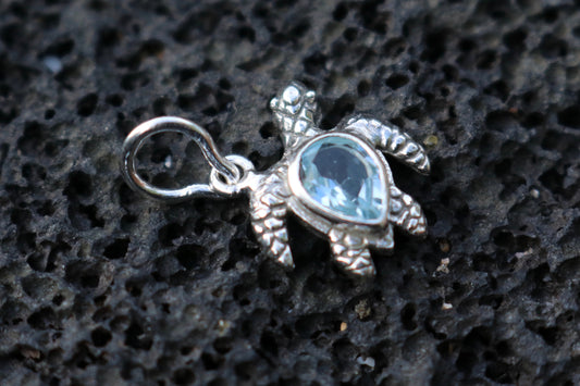 Turtle Charm Blue Topaz Necklace Pendant. Sterling Silver.