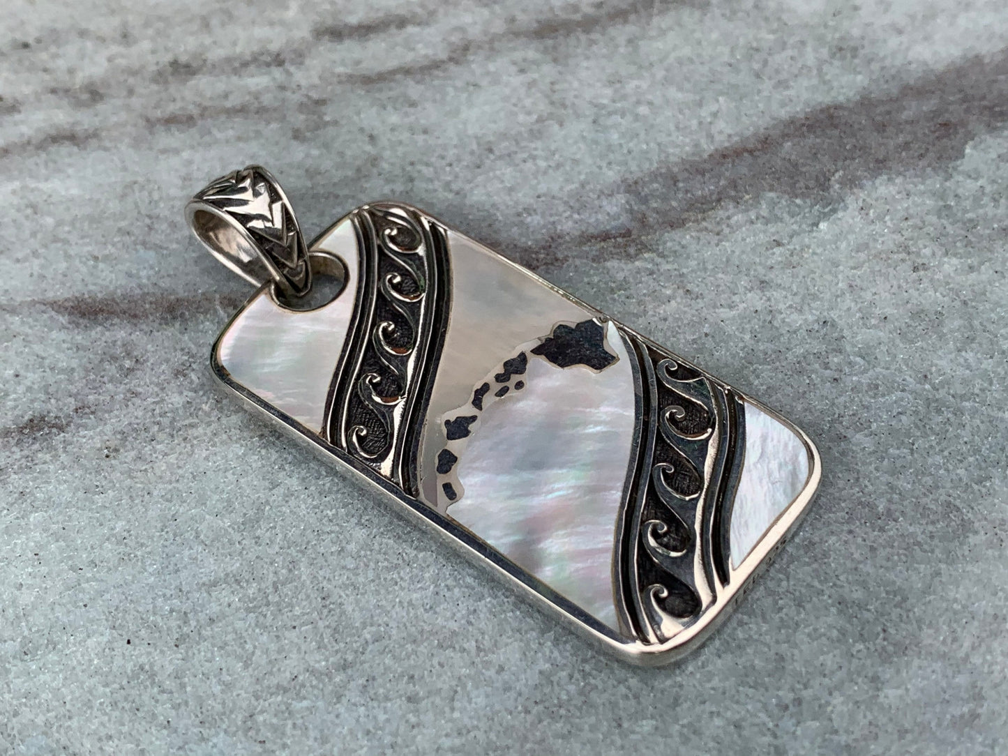 Hawaiian Islands Tribal Design Pendant Necklace. Sterling Silver, Mother of Pearl.