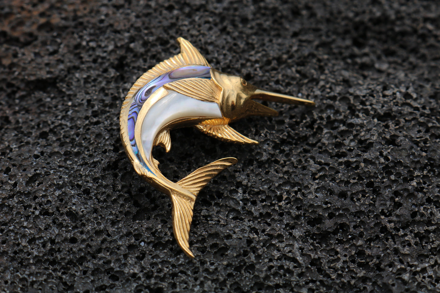 18K Gold Vermeil Aumakua Marlin Fish Necklace Pendant. Abalone Paua Shell, Mother of Pearl. Gift for Real Fisherman. Billfisher Kona.