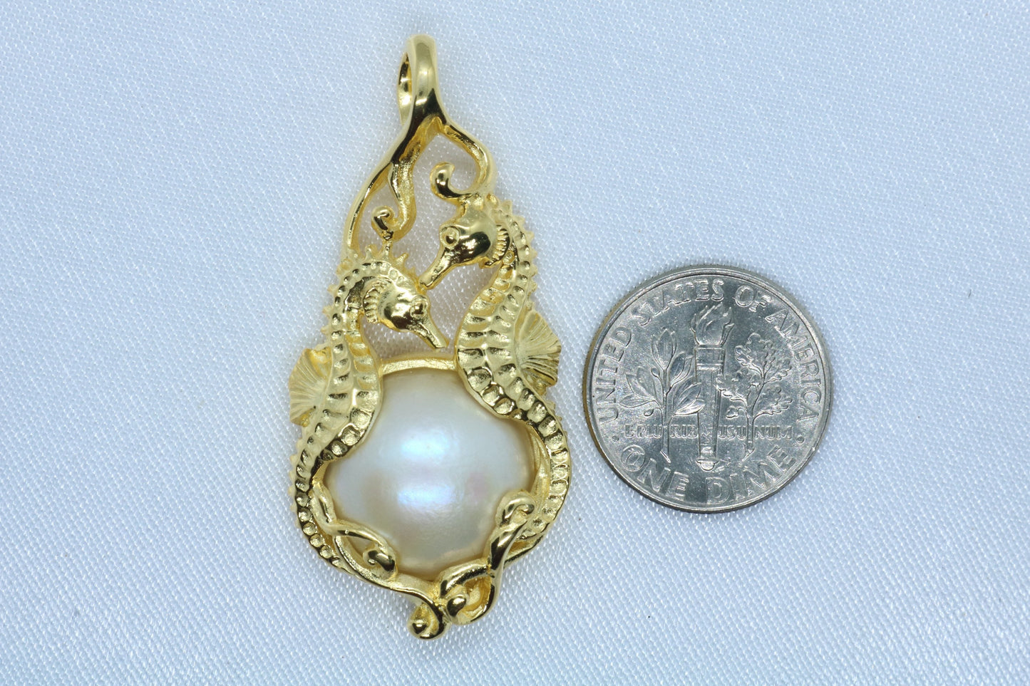 Seahorses 18k Gold Vermeil Mabe White Pearl Pendant Necklace