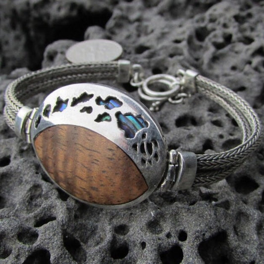 Hawaii Islands Woman's Bracelet (8 Islands) with Turtle Honu | Hawaiian Koa Wood | Abalone Paua Shell | Sterling Silver