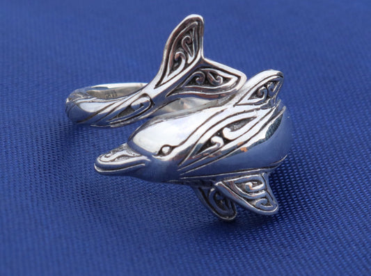 Dolphin Ring Tribal Polynesian Tattoo Design Naia. Sterling Silver.