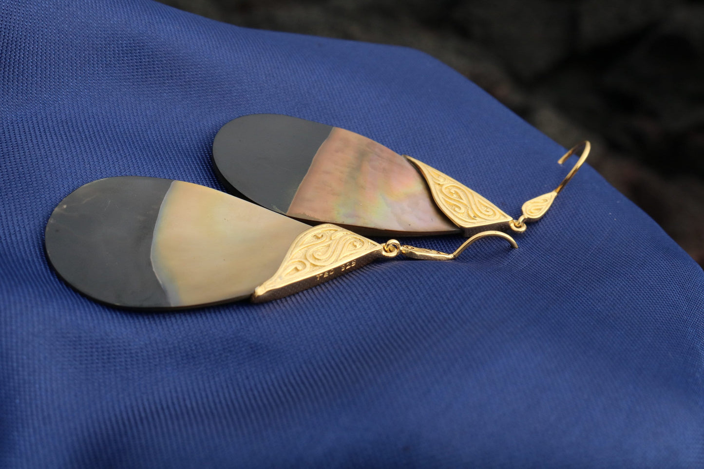 18k Gold Teardrop Black Oyster Shell Earrings Tribal Design. Sterling Silver.