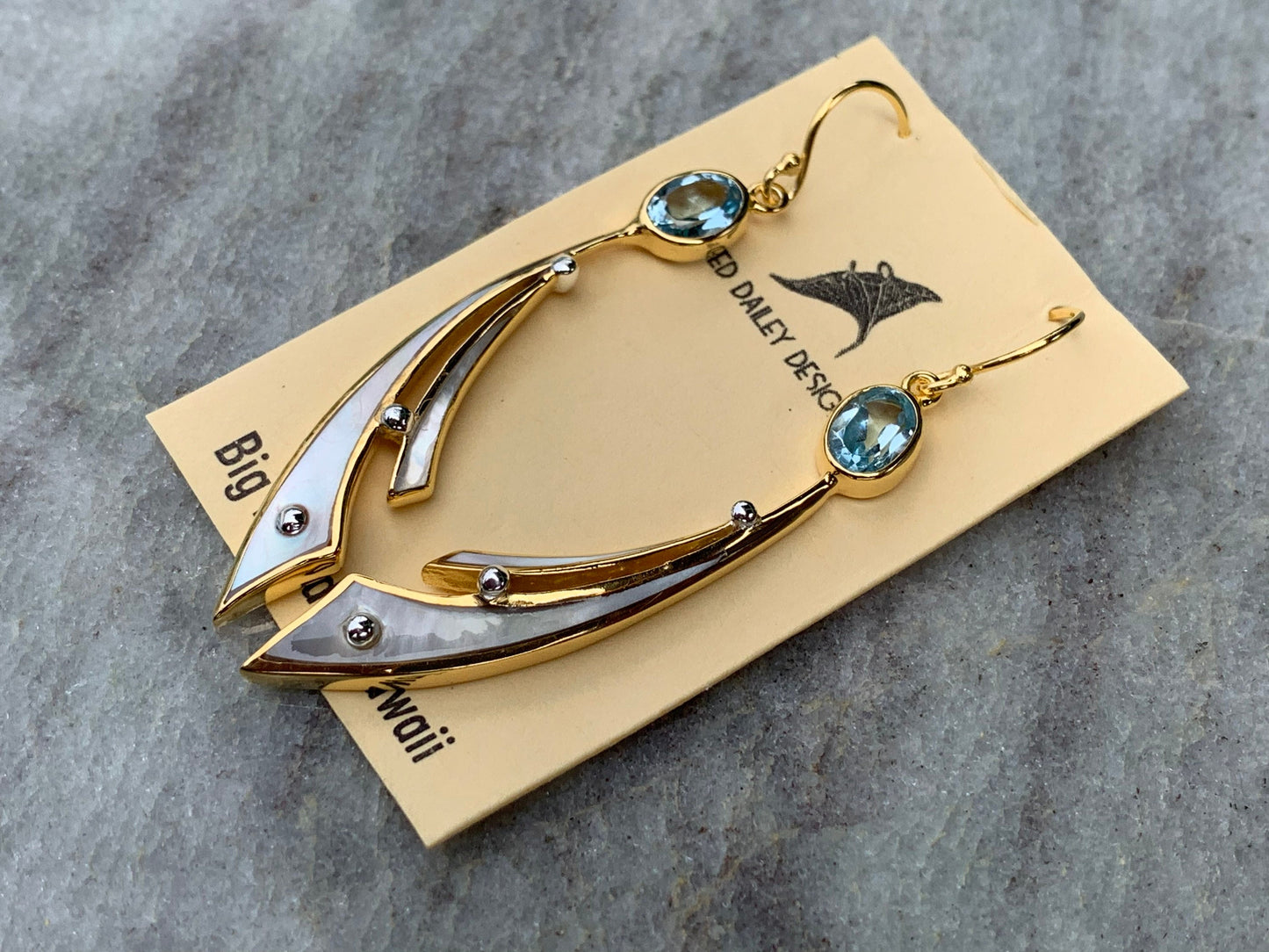 18k Gold Vermeil Wave Earrings. Blue Topaz, Mother of Pearl