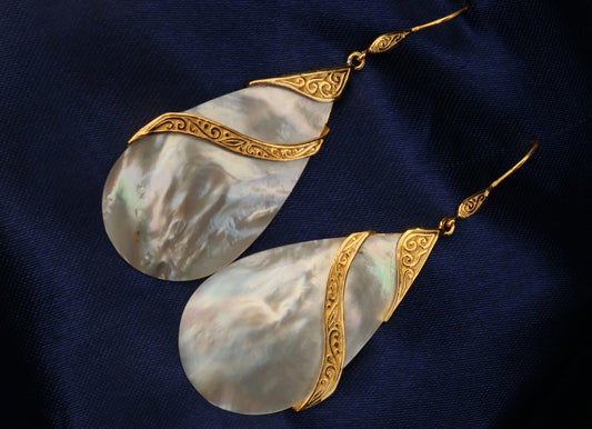 18K Gold Vermeil Mother of Pearl Teardrop Earrings Double Tribal Design. Sterling Silver.