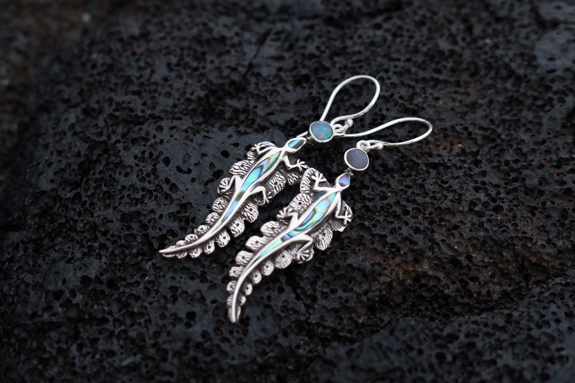 Lizard Salamander Hawaiian Gecko Aumakua Handmade Earrings. Rainbow Opal, Abalone Paua Shell, Sterling Silver.