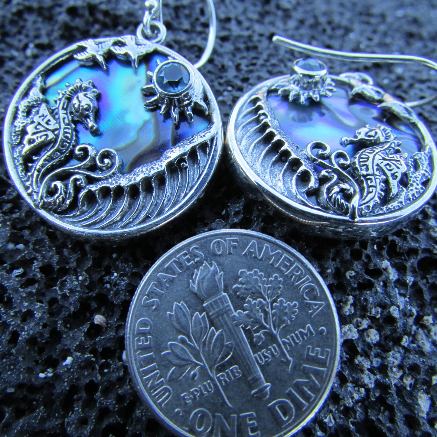 Seahorse Wave Earrings | Blue Topaz | Paua Shell | Sterling Silver | Ocean | Beach | Gift | Jewelry | Handmade | Unique