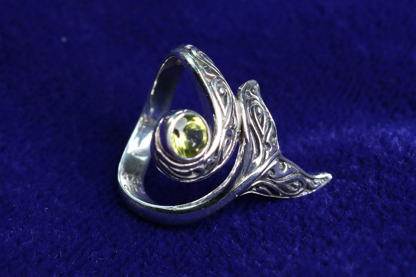 Whale Tail Ring Tribal Polynesian Tattoo Design. Peridot. Sterling Silver.