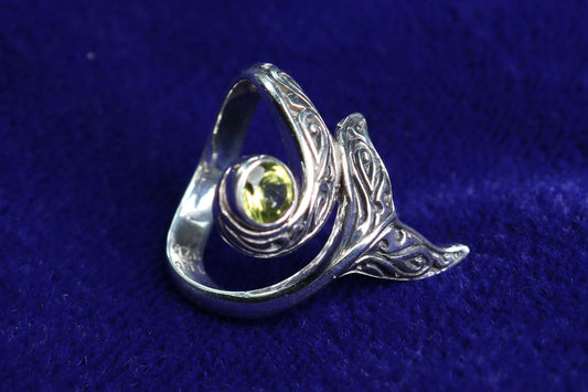 Whale Tail Ring Tribal Polynesian Tattoo Design. Peridot. Sterling Silver.