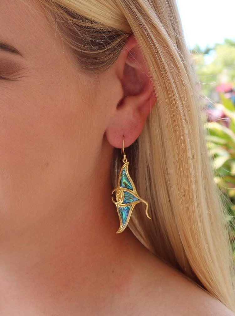 18K Gold Vermeil Manta Ray Stingray Earrings Handmade | Abalone | Paua Shell | Sterling Silver